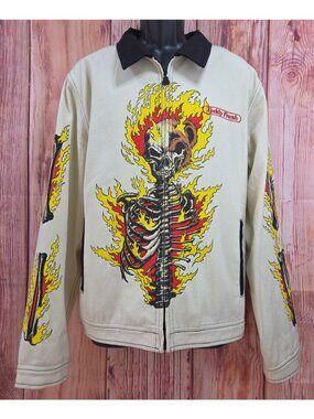 Teddy Fresh Skeleton Bear Flame Graphic Jacket XL Full Zip Cotton